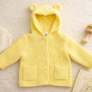 NWT baby Gap Brannan Bear Hooded Garter Knit Sweater Cardigan Fresh Yellow 3-6M